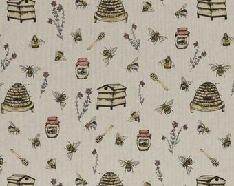 Dekostoff bedruckte Leinenoptik, B&B Fabrics, Bienen / Bienenstöcke, Breite 140 cm, Farben: Beige / Bunt