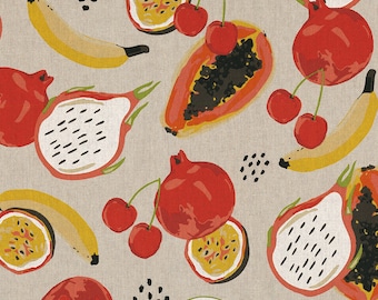 Tissu décoratif imprimé linge look, tissus B-B, Emil, mélange de fruits, largeur 140 cm, couleurs beige / coloré