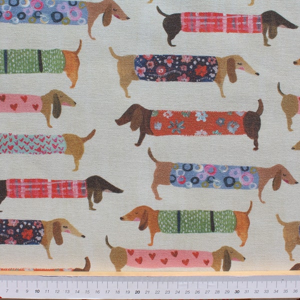 Dekostoff Digitaldruck, Webware, B&B Fabrics, Dachshund, Hunde, Dackel, Breite 140 cm, Farben: Dunkles Beige, Bunt