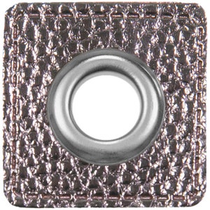 May include: A silver metal grommet with a square leather patch. The leather is a metallic silver color with a textured surface.