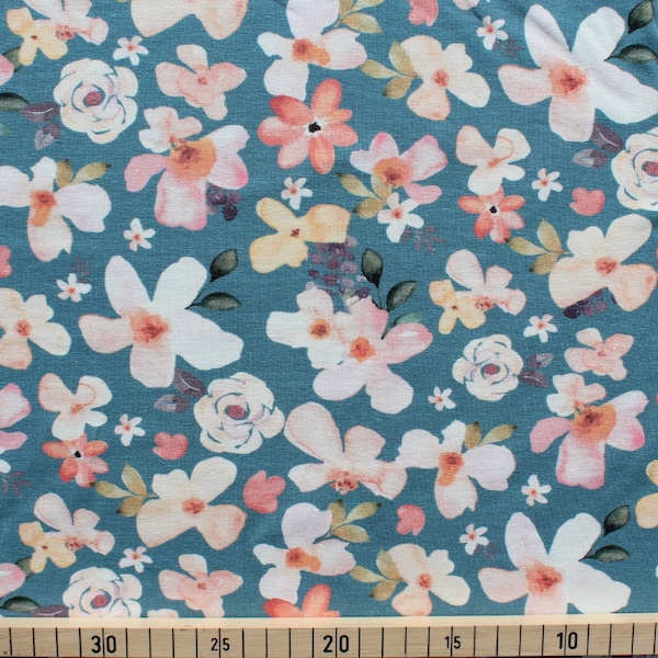 Baumwolle Jersey Stoff, Quality Textiles, Digitaldruck, Blüten, Breite 145cm, Farben: Rauchblau / Bunt