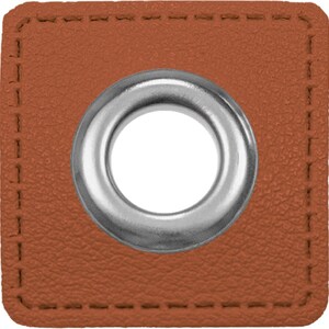May include: A brown leather square with a silver metal grommet in the center. The grommet has a round hole in the center.