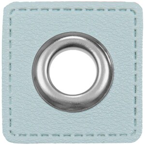 May include: A light blue square fabric patch with a silver metal grommet in the center.