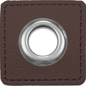 May include: A brown leather square with a silver metal grommet in the center. The grommet has a round hole in the center.