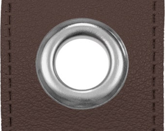 2 pieces high quality eyelets / patches for cords, VENO, imitation leather, square, width 32 mm, height 32 mm, diameter 10 mm, color dark brown