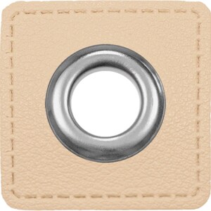 May include: A beige leather square with a silver metal grommet in the center. The grommet has a circular hole in the middle.