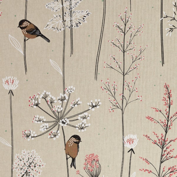 Tissu de toile imprimé, fabrics B&B, oiseaux / brins d’herbe, largeur 140 cm, couleurs : Beige / Coloré