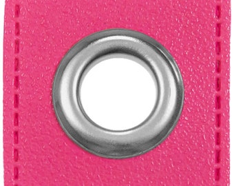 2 pieces high quality eyelets / patches for cords, VENO, imitation leather, square, width 32 mm, height 32 mm, diameter 10 mm, color pink