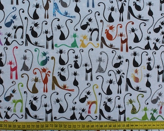 Cotton coated, fabrics, Aitana, graffiti, cats, oilcloth, width 140 cm, colors: white / colorful