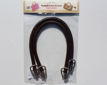 1 pair of high-quality pocket handles, leather look, imitation leather, braided, 55 cm, color dark brown