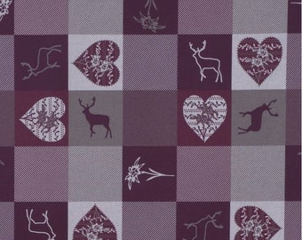 Tissu nappe, tissus B&B, romance sauvage, cerf, cœurs, enduit de téflon, largeur 140 cm, couleurs: Bordeaux / Coloré