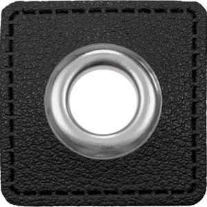 May include: Black leather square with a silver metal grommet in the center.