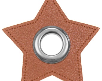 2 pieces high quality eyelets / patches for cords, VENO, imitation leather, star, width 48 mm, height 48 mm, diameter 10 mm, color Camel