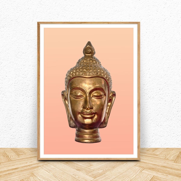 Gold Buddha Head Statue Printable, Blush Pink Wall Art, Orange Poster, Buddha Digital Print, Spiritual Decor Spirituality Buddhism Yoga Boho