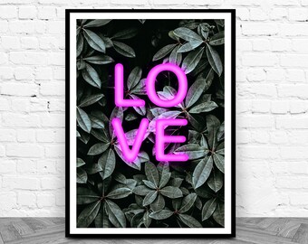 Neon Pink LOVE Print, moderne botanische Druck, digitaler Download, rosa Typografie Wandkunst, tropische Kunstdruck, Leuchtreklame botanische Wand-Dekor