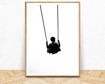 Black and White Art Digital Download, Child on Swing Wall Art, Playful Modern Art Print, Large Poster Printable Art, Minimalist Home Decor