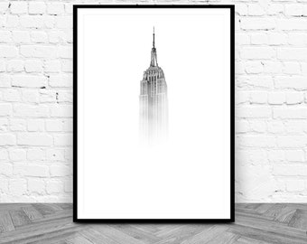Téléchargement numérique d'art mural NYC, art noir et blanc, impression Empire State, décoration monochrome, impression de ville art minimaliste brouillard, impression de la ville de New York