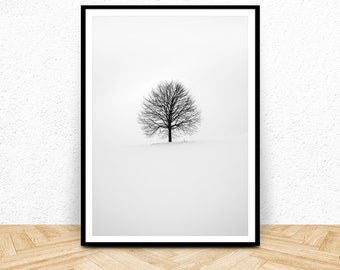 Tree Art, Black and White Photography Printable Wall Art, Winter Landscape Photography Minimalist Art, Nature Decor Snowy Scandinavian Print