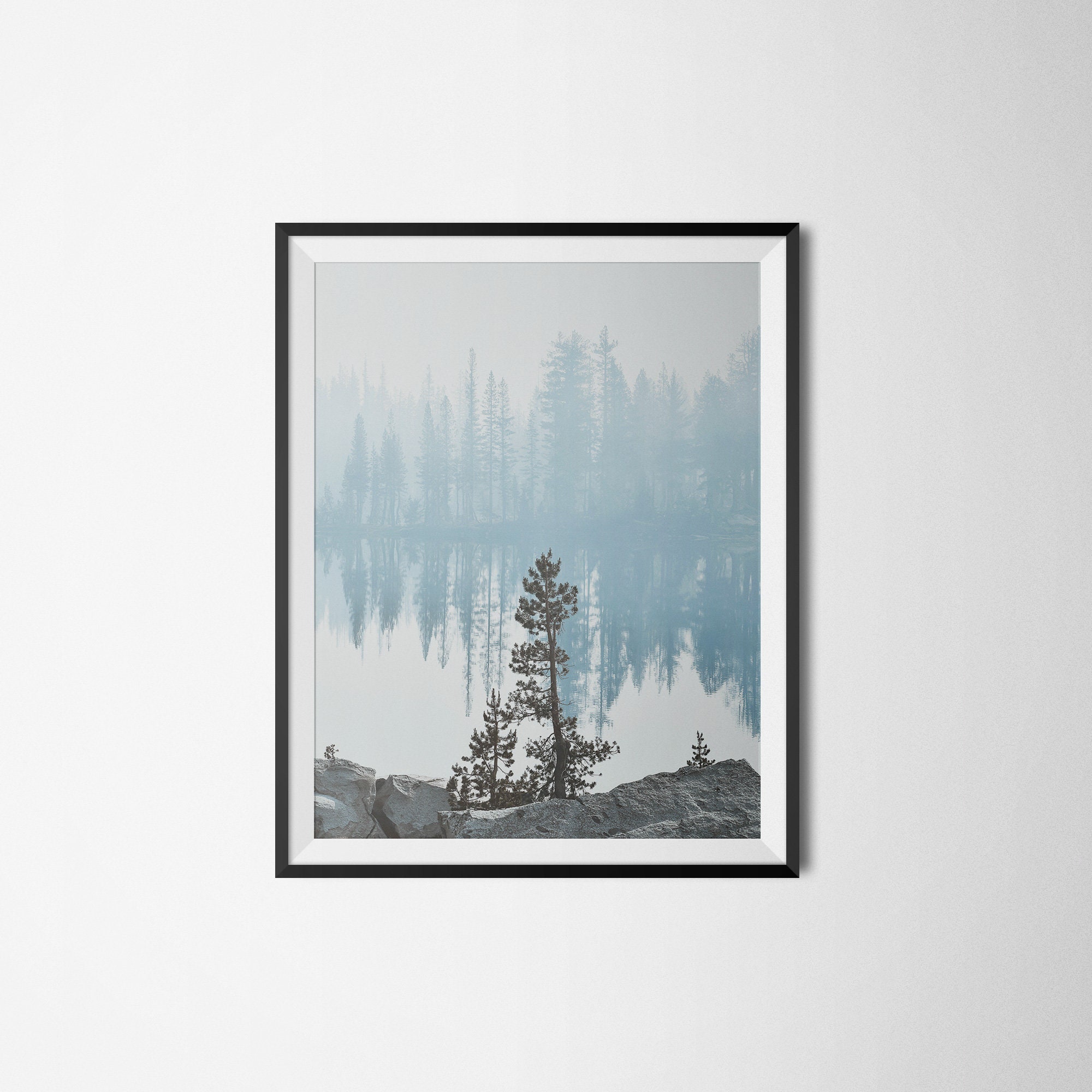 Lake Wall Art, Misty Forest Landscape Art Print Digital Download, Blue ...