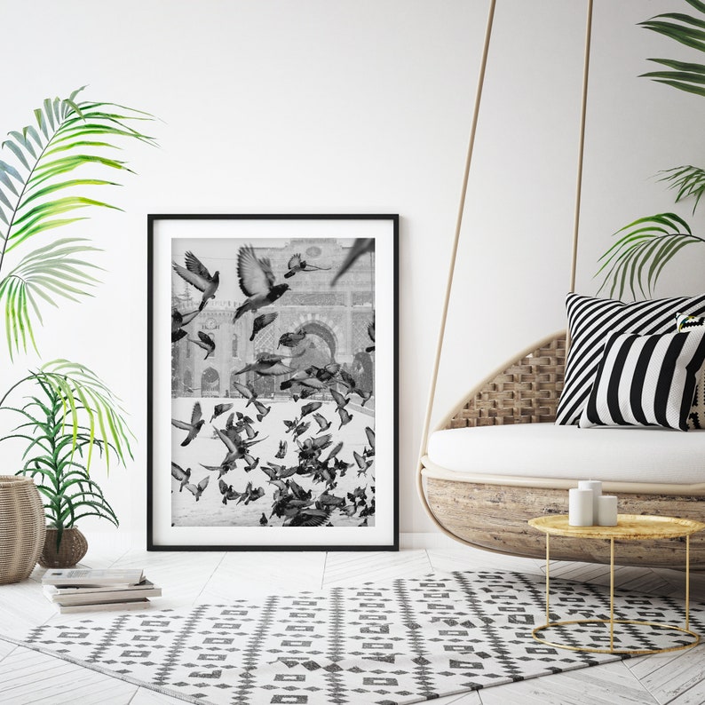 Bird Print, Black and White Printable Art, Instant Download, Flock of Birds Wall Art, Flying Pigeon Photography Print, Monochrome Decor image 9