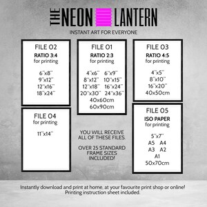 K&ouml;nnte beinhalten: Ein digitaler Download von druckbarem Kunstwerk mit dem Text "The Neon Lantern" in Pink und Schwarz. Das Bild zeigt verschiedene Dateigr&ouml;&szlig;en und Verh&auml;ltnisse zum Drucken, darunter 6x8 Zoll, 9x12 Zoll, 12x16 Zoll, 18x24 Zoll, 4x6 Zoll, 6x9 Zoll, 8x12 Zoll, 10x15 Zoll, 12x18 Zoll, 16x24 Zoll, 20x30 Zoll, 24x36 Zoll, 40x60cm, 60x90cm, 4x5 Zoll, 8x10 Zoll, 16x20 Zoll, 40x50cm, 11x14 Zoll, 5x7 Zoll, A5, A4, A3, A2, A1 und 50x70cm. Der Text "Instant Art for Everyone" ist ebenfalls enthalten.