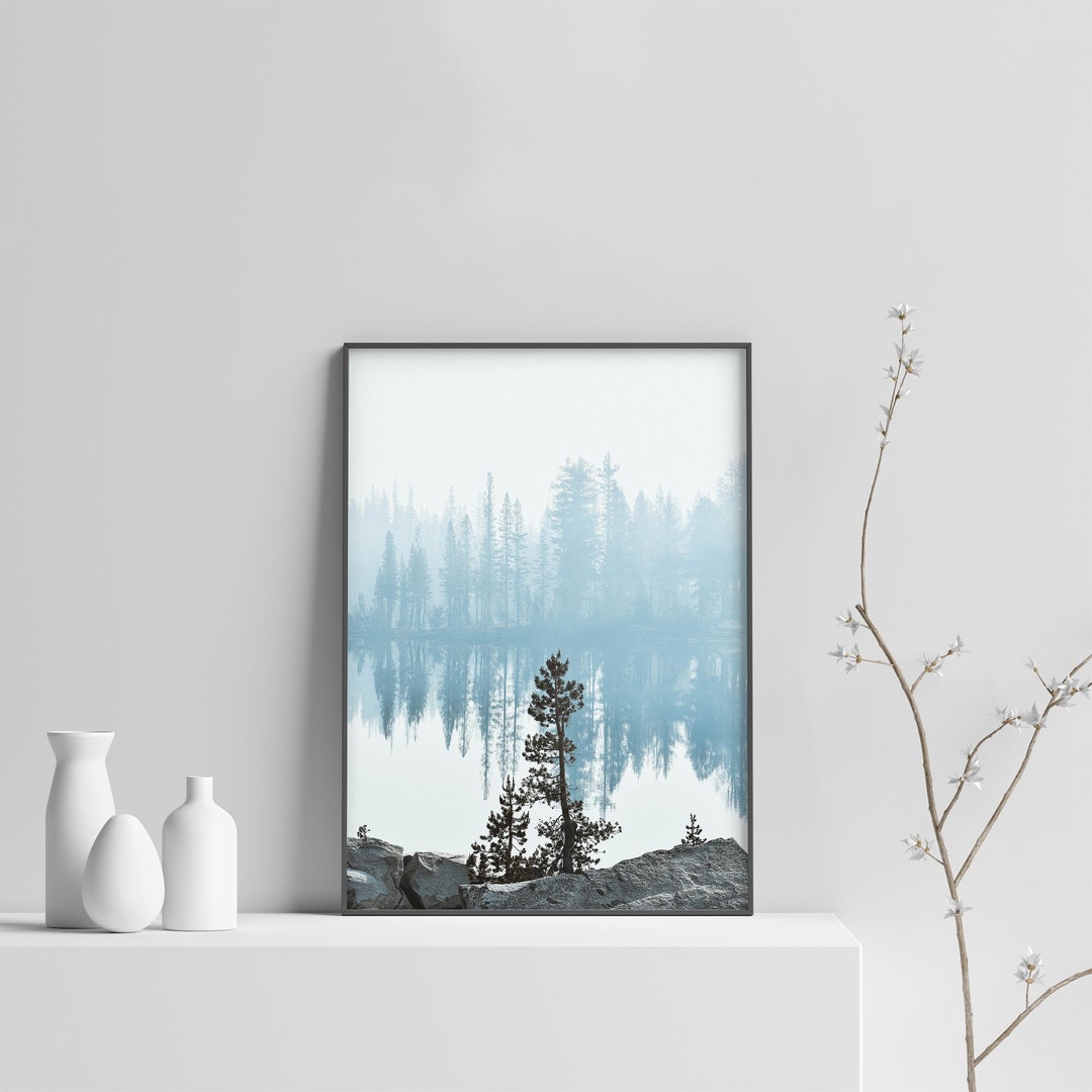 Lake Wall Art, Misty Forest Landscape Art Print Digital Download, Blue ...