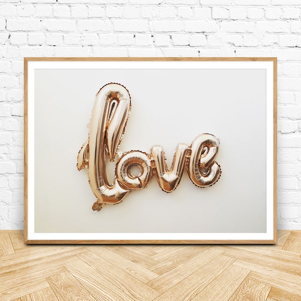 LOVE Wall Art Digital Download, Gold Love Balloon Print, Minimalist Wall Decor, Art Photography Romantic Print, Above Bed Decor, Bedroom Art