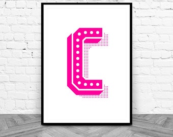 C Monogram Print, Letter C Printable, Initial C Wall Art, Typography Poster, Instant Download, Alphabet Letter Prints, Bright Pink Letters