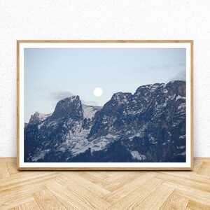 Mountain Wall Art, Full Moon Landscape Printable Poster, Snowy Peak Blue Moon Instant Art Print, Wilderness Nature Dusk Art Digital Download