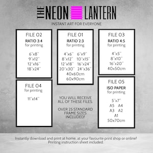 May include: A printable digital art download for a neon lantern design. The image shows the different file sizes and ratios available for printing, including 6x8 inches, 9x12 inches, 12x16 inches, 18x24 inches, 4x6 inches, 6x9 inches, 8x12 inches, 10x15 inches, 12x18 inches, 16x24 inches, 20x30 inches, 24x36 inches, 40x60cm, 60x90cm, 4x5 inches, 8x10 inches, 16x20 inches, 40x50cm, 11x14 inches, 5x7 inches, A5, A4, A3, A2, A1, and 50x70cm. The text "Instant Art for Everyone" is also included.