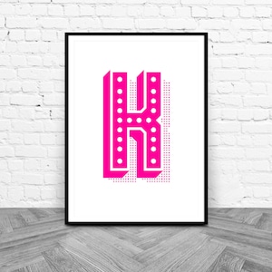 Letter K Print, Pink Typography Art, Instant Download Digital Print, Initial K Monogram Printable, Carnival Font Poster, Colourful Wall Art