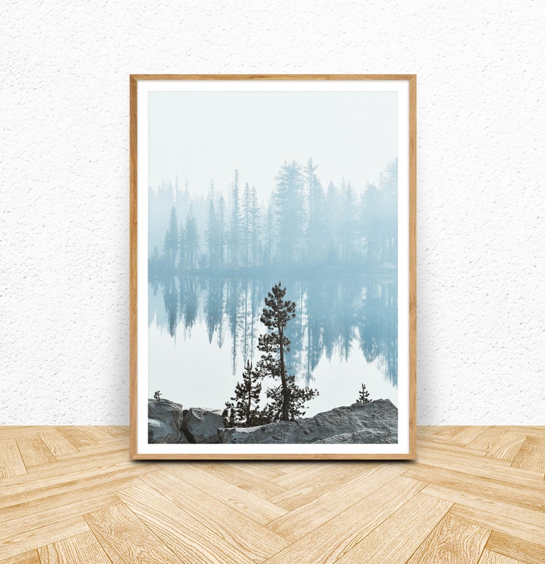 Lake Wall Art, Misty Forest Landscape Art Print Digital Download, Blue ...
