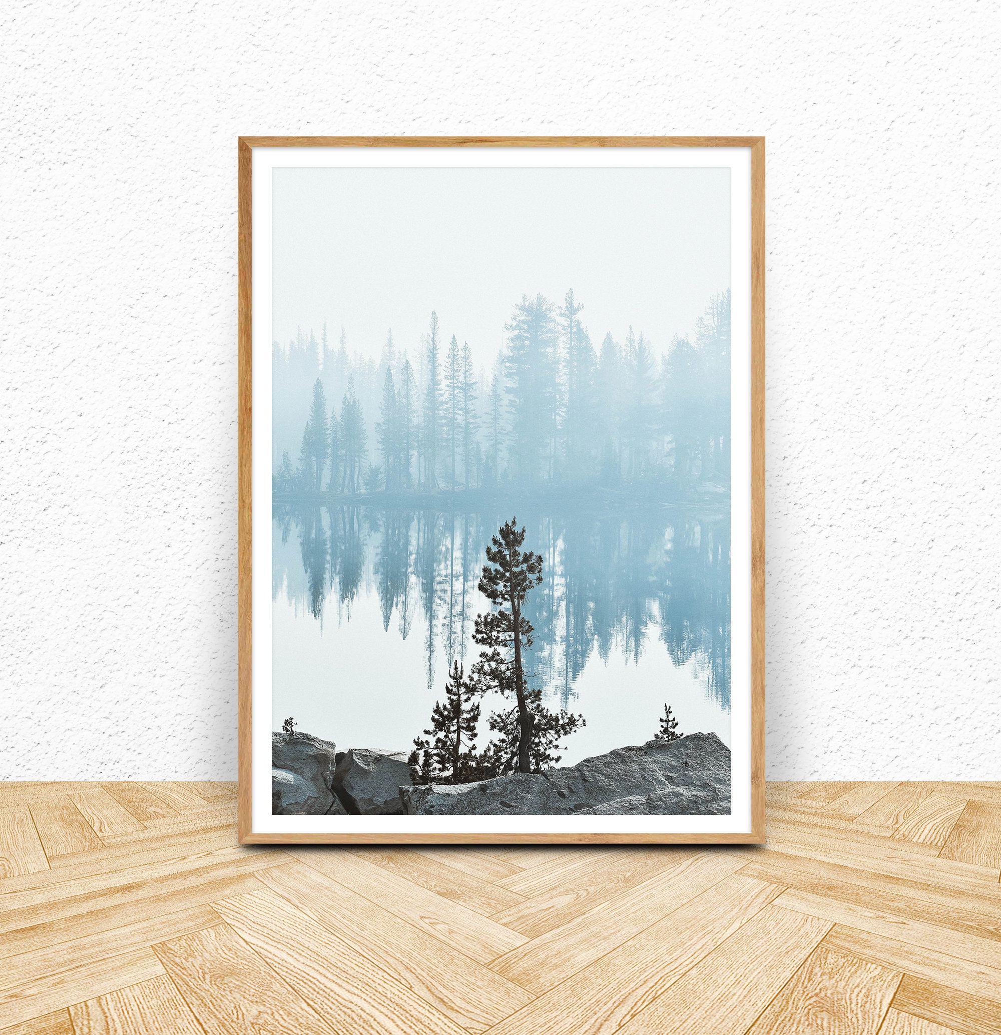 Lake Wall Art, Misty Forest Landscape Art Print Digital Download, Blue ...
