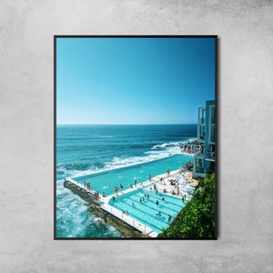 Retro Pool Print, Ocean Swimming Pool Coastal Wall Art, Retro Decor California Wall Art, Outdoor Pool Poster, Sea Pool Vintage Photography