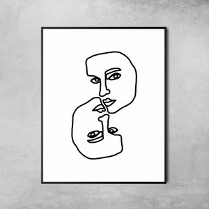 Two Faces Line Art, Minimalist Wall Art, Line Drawing Printable Poster, Two Women Downloadable Print, Black White Art, Abstract Wall Art