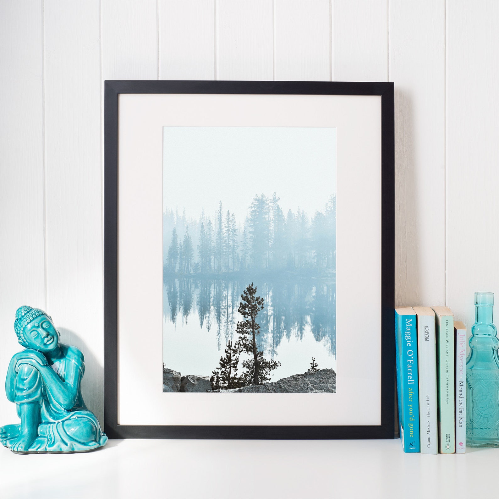 Lake Wall Art, Misty Forest Landscape Art Print Digital Download, Blue ...