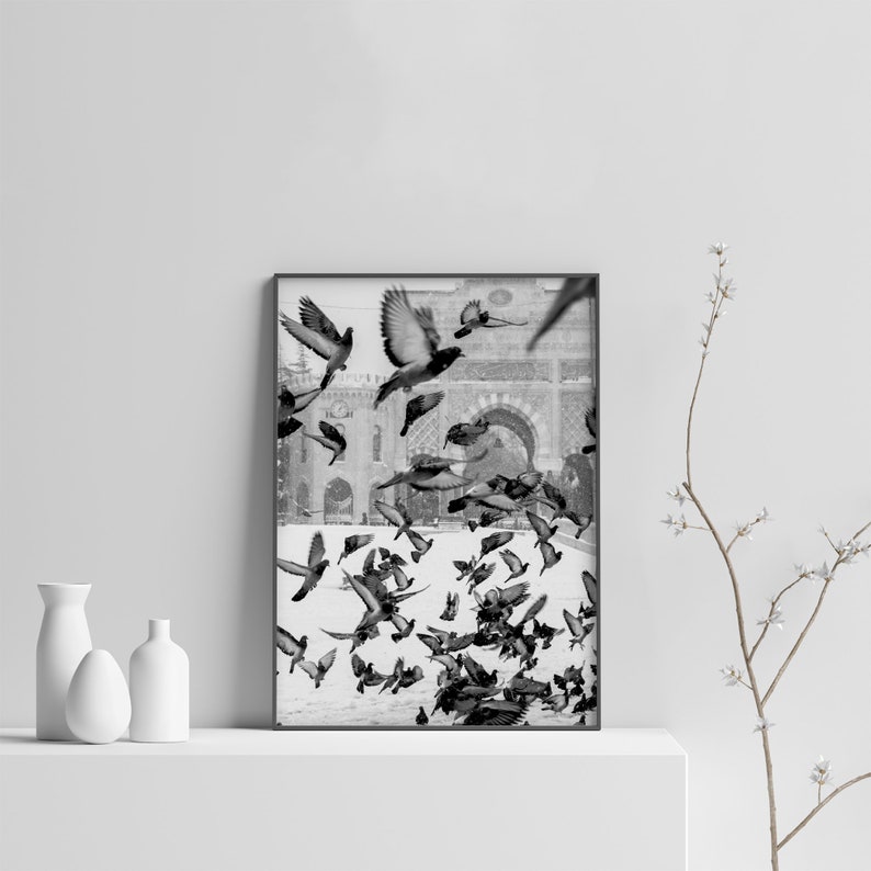 Bird Print, Black and White Printable Art, Instant Download, Flock of Birds Wall Art, Flying Pigeon Photography Print, Monochrome Decor image 3