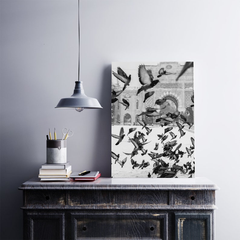 Bird Print, Black and White Printable Art, Instant Download, Flock of Birds Wall Art, Flying Pigeon Photography Print, Monochrome Decor image 7