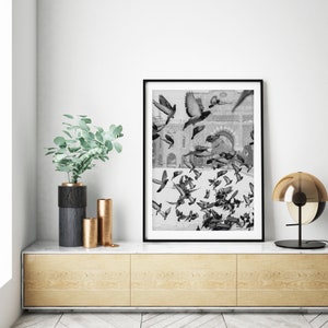 Bird Print, Black and White Printable Art, Instant Download, Flock of Birds Wall Art, Flying Pigeon Photography Print, Monochrome Decor image 2