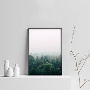 K&ouml;nnte beinhalten: Ein schwarzer gerahmter Druck einer nebligen Waldszene. Die B&auml;ume sind gr&uuml;n und der Nebel ist wei&szlig;. Der Druck h&auml;ngt an einer wei&szlig;en Wand.