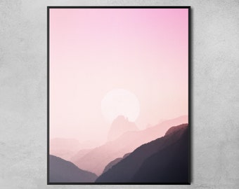 Rosa Sonnenuntergang Wandkunst, Landschaft Fotografie Print, Berge druckbare Kunst, minimalistisches Dekor, Landschaftsdekor, rosa Wanddekor