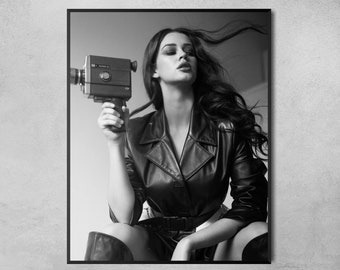 Fashion Wall Art Black White Print, Woman with Cine Camera Vintage Photo Wall Art, Black White Photography Printable, Retro Fashion Decor