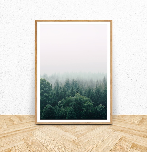 Misty Forest Print Digital Download, Nature Photography Wall Art, Cloudy Woods Large Pine Tree Printable Poster, Scandinavian Woodland Decor