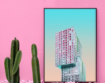Urban Wall Art Digital Download, Building Photography, Urban Art Print, Pink Blue Abstract Printable Wall Art, Large Poster, Colourful Print