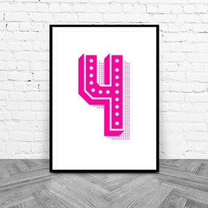 4 Number 4 Downloadable Wall Art, Bright Pink Print, Number Four Printable Artwork, Typographic Wall Art Poster, Pink Girls Bedroom Decor