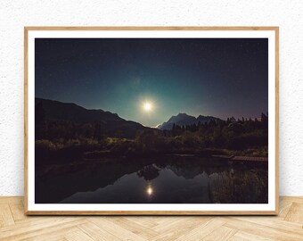 Night Landscape Wall Art, Moonlight Mountains Printable Poster, Digital Download, Instant Art Print, Full Moon, Lake Large Poster Wall Art