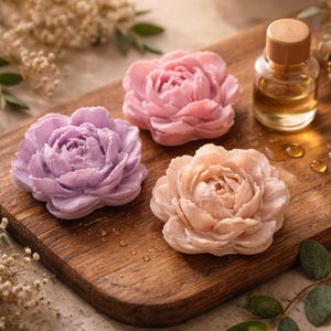 Könnte beinhalten: Drei seifenförmige Pfingstrosen in Lavendel-, Rosa- und Pfirsichtönen liegen auf einem Holzbrett. Daneben steht eine kleine Glasflasche mit Holzverschluss. Die Seifen haben detaillierte Blütenblattmuster.