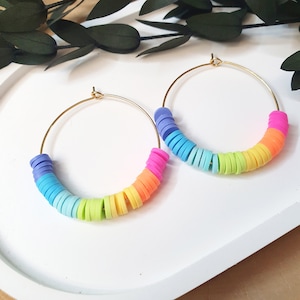 Rainbow hoop earrings | gold-plated stainless steel hoop earrings with colorful polymer clay beads | small gift idea for girls and women