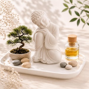 Könnte beinhalten: Eine weiße Buddha-Figur aus Keramik in sitzender Ruheposition auf einem rechteckigen weißen Tablett. Das Tablett enthält zudem einen kleinen grünen Bonsai in einem runden Topf, eine klare Glasflasche mit Holzkorken und goldenem Öl sowie glatte Steine.