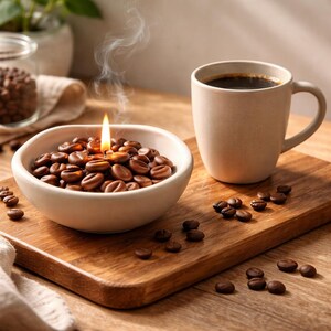 Könnte beinhalten: Eine brennende Kerze in einer weißen Schüssel mit Kaffeebohnen, zusammen mit einer Tasse Kaffee auf einem Holzbrett. Die Kerzenflamme ist hell, und die Kaffeebohnen haben eine satte braune Farbe. Ein Glas mit Kaffeebohnen befindet sich im Hintergrund.